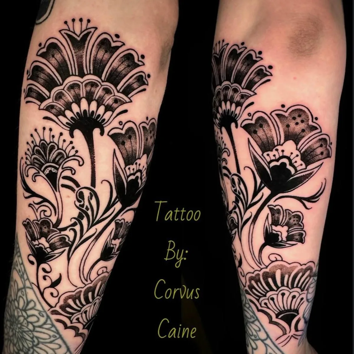 Black and grey floral tattoo by Corvus Caine
